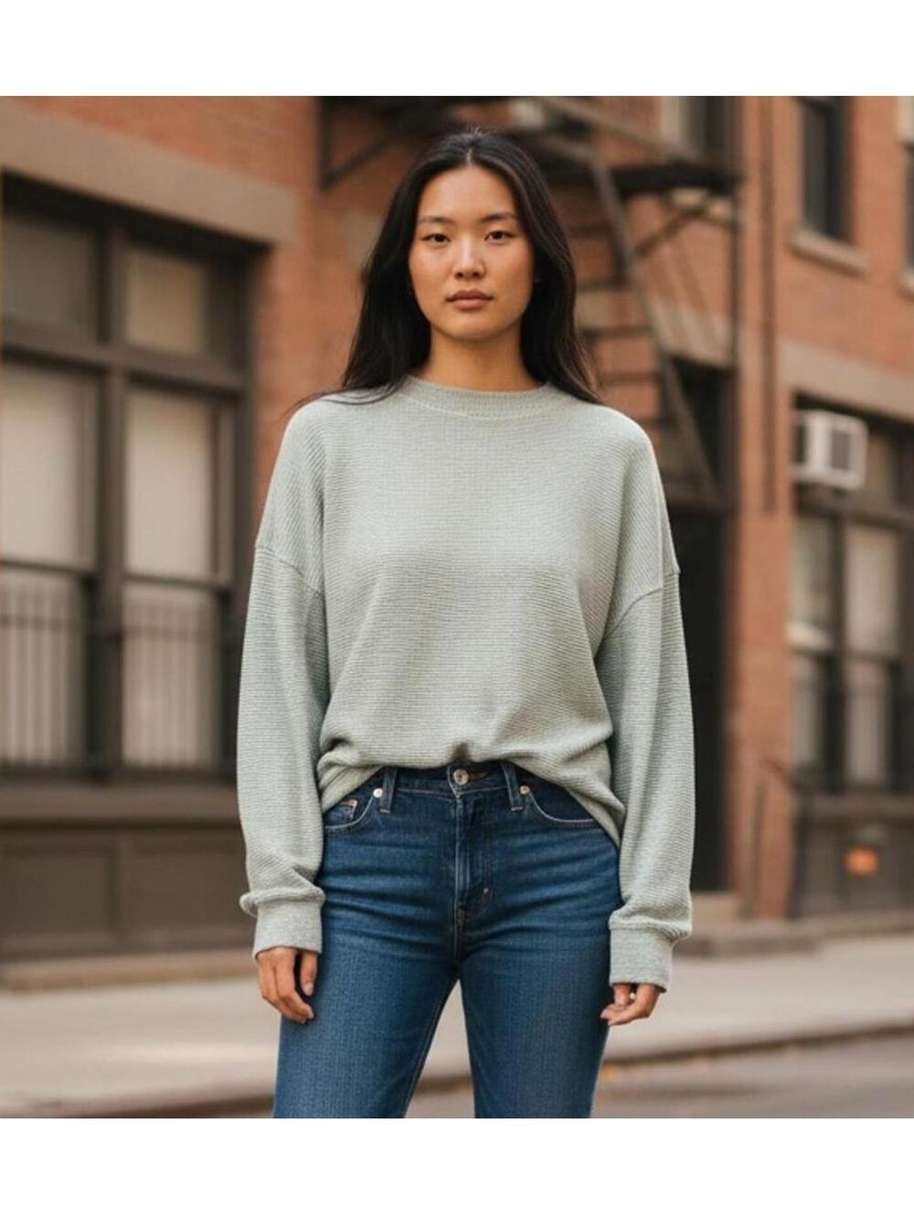 Aerie Womens Green and Blue Getaway Waffles Crewneck Sweatshirt - XS